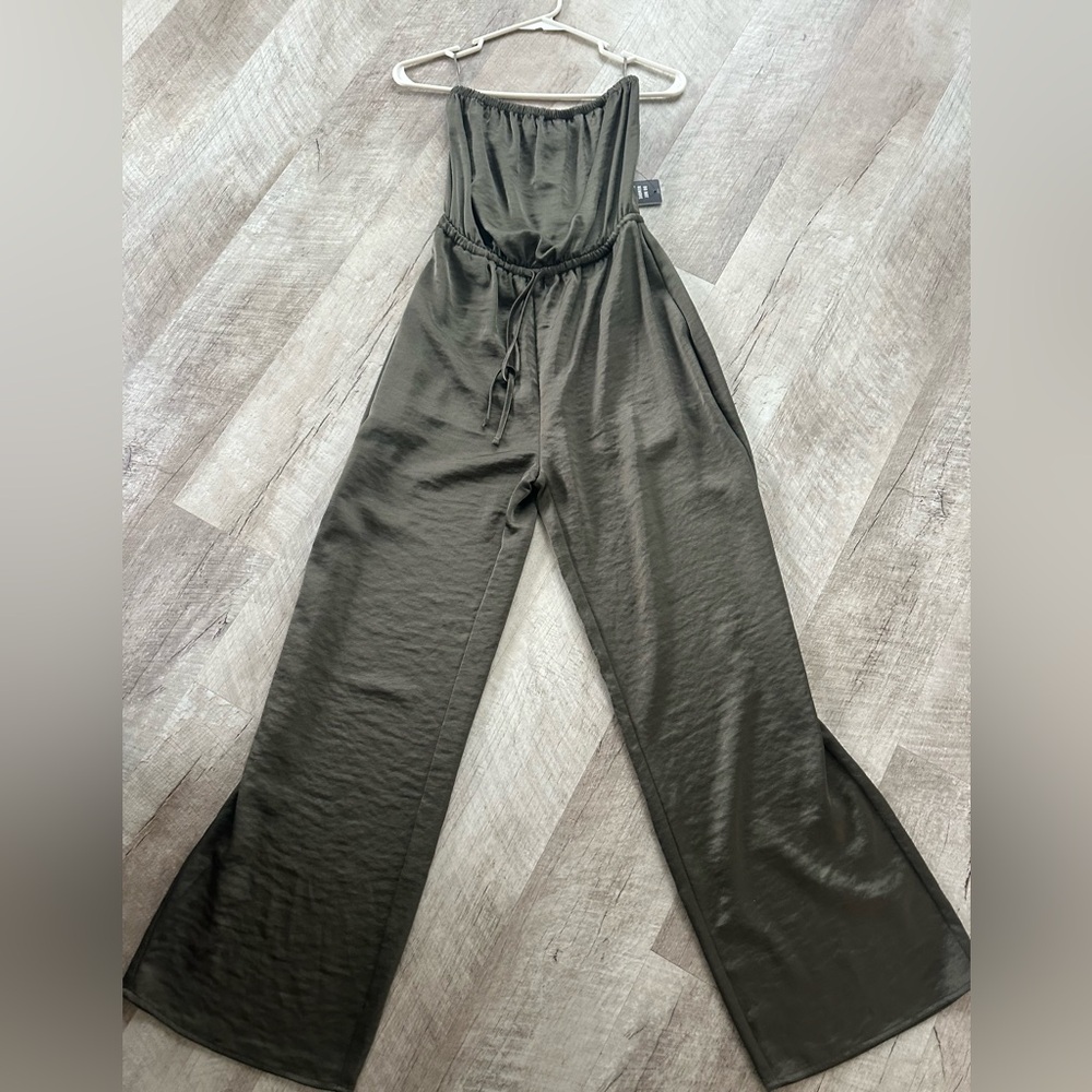 Express Olive Wide-Leg Strapless Jumpsuit with Drawstring Waist